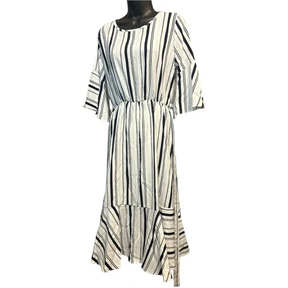 FLAMINGO Blue & White Striped Midi 3/4 Bell Slv, Slip on Dress & slip Sz.M - Picture 3 of 13